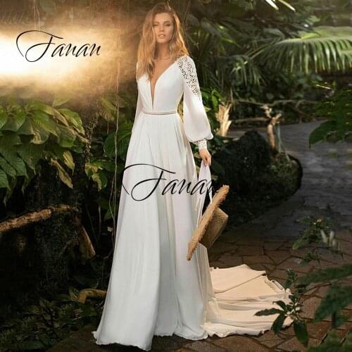 New Deep V-Neck Long Sleeve Wedding Dress Backless Chiffon Simple A-Line Bridal Gown robe de soirée de mariage Свадебное платье