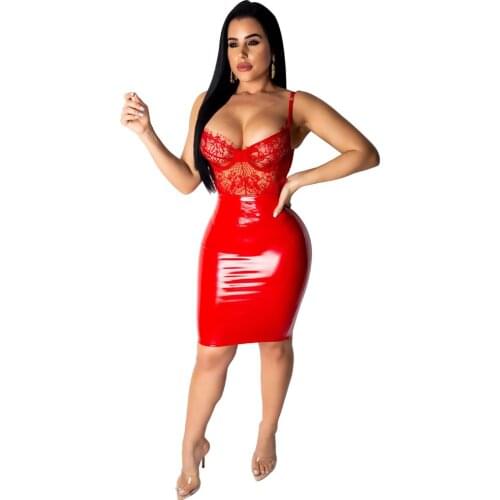 Cutubly Backless Sexy Club Dress Pu Leather Sexy Bodycon Dress Lace Patchwork Club Dresses for Women Spaghetti Strap Party Dress