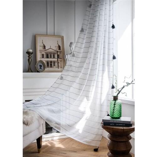 Modern Simple Striped Sheer Curtain Black Tassel Decoration Curtain Finished For Living Room Home Bedroom Shower Window Drapes