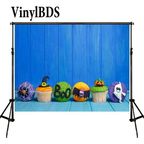 VinylBDS Children Halloween Background Newborn Blue Wood Backdrop Baby Cute Animals Cupcake Backdrops Witch Hat Photo for Kids