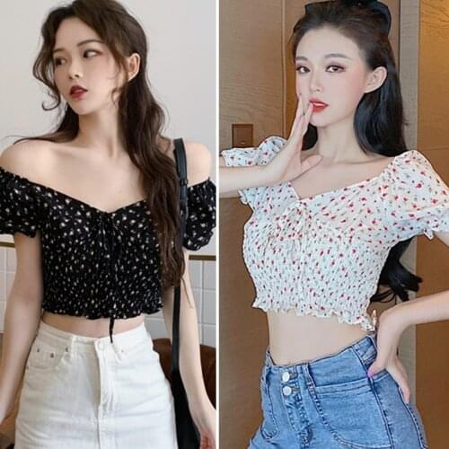 Summer Fashion Print V Neck Sweet Korean Style Short Sleeve Ladies Shirt Women Chiffon Blouse Tops