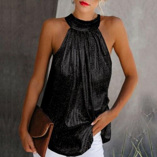 Women Gold Blouse 2021 New Fashion High Neck Sleeveless Hatler Tank Top Vest Summer Casual Loose Blouse Shirt Tee