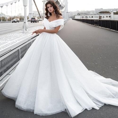 Lhuilier Womens Off the Shoulder V Neck Tulle Wedding Dresses 2021 Floor Length Pleated Shiny Chapel Train Bridal Gowns