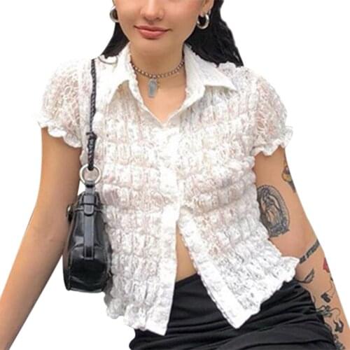 Womens T-shirts Lace Spliced T-shirts Polos collar foldable Bubble Butt Streetwear Fishion Female Tops