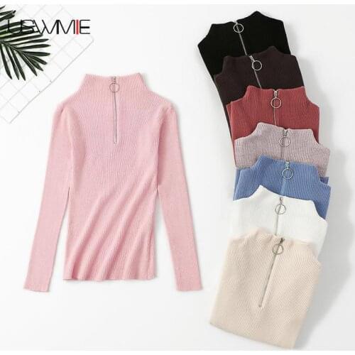 Women Sweater Leisure Half Turtleneck Solid Color Casual Long Sleeve Slim Warm Zipper Bottoming Basic Knitted Female Pullover