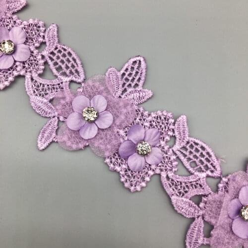 2 Yards Purple Rhinestones Flower Mesh Lace Trim Ribbon Fabric Embroidered Applique Sewing Craft Wedding Dress Hat Decor