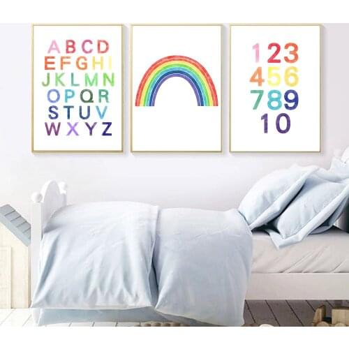 Abstract Rainbow Wall Art Poster And Print ABC Alphabet Posters Arabic Numerals Canvas Painting Nursery Baby Kids Room Decor