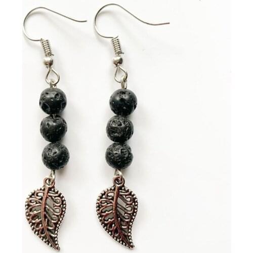 Bhuann 6mm Natural Lava Beads Crystal Dangle Earrings with Stone Tibetan Silver Leaf Pendant Charms Drop Earrings 1 Pair