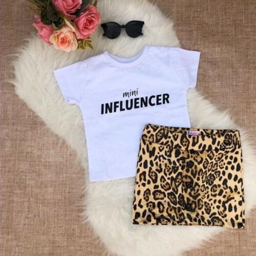 CANIS Summer Toddler Baby Girl Clothes Short Sleeve Letter Printed Tops T-Shirt Leopard Print Mini Skirt Outfits