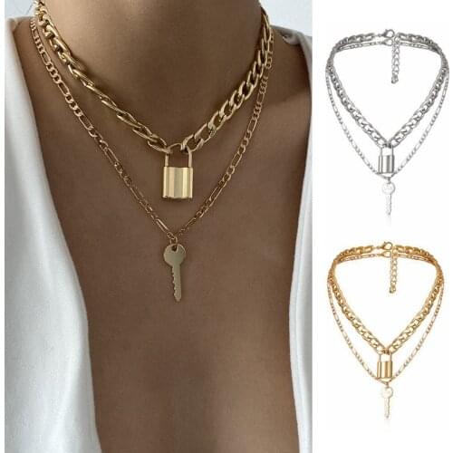 Cuban Link Chain Choker Necklace Punk Multilayer Padlock Key Long Pendant Necklace for Women Gold Color Collar Jewlery