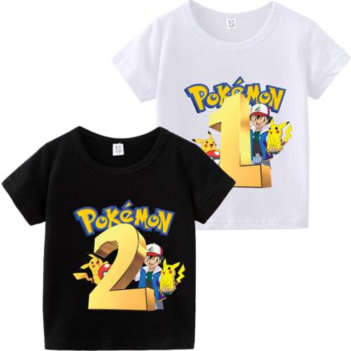 Pokemon Pikachu Baby Number Cotton T Shirt Ash Ketchum Birthday Clothes Infant Cartoon Printed Poke Ball Shirt Boy Girl Kid Tops