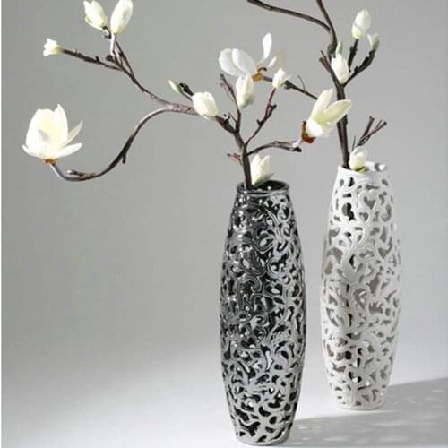 Chinese Style Hollow Ceramic Vase White/silver Countertop Vase Living Room Dried Flower Simulation Flower Decoration Accessories