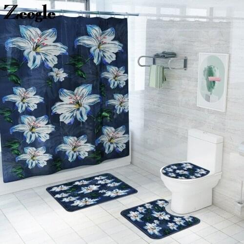 Classic Style Bathroom Carpet Rug Waterproof Shower Curtain and Bath Mat Set Memory Foam Toilet Seat Cover Mat for Toilet