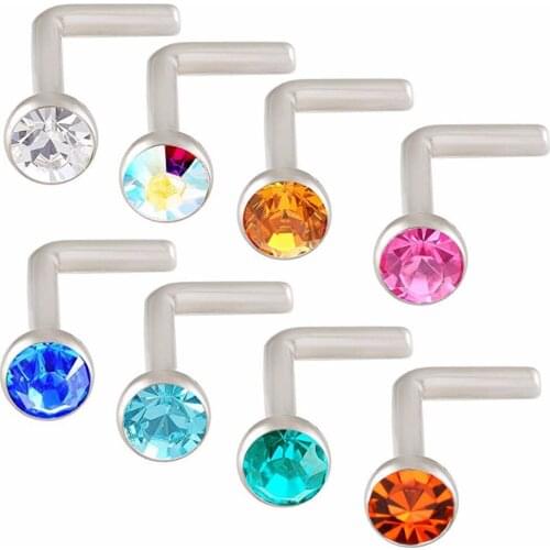 8Pcs Stainless Stel L Shape cz Gem Nose Bone Stud Piercing Rings Body Jewelry Retainers 20g