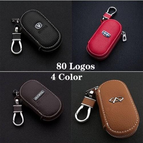 Leather Car Key Cover Case With Car Logo For Haval Changan Tesla Geely Renault OPEL FIAT SEAT Acura Chery DODGE JEEP Isuzu Buick