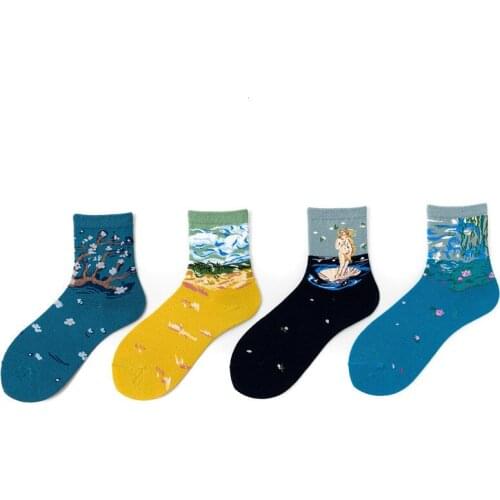 New Spring Women Retro Art Abstract Oil Painting Cotton Sock Lotus White Clouds Peach Blossom Cute Korean Harajuku Funny Socks
