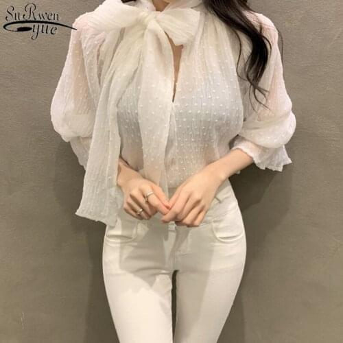 Spring New Plus Size Womens Shirt Casual Long Sleeve White Chiffon Blouse Tops Bow Solid Loose Lace Women Shirts Blouses 13413