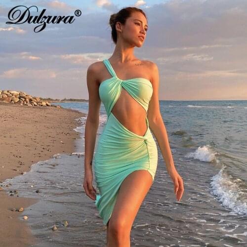 Dulzura 2021 Autumn Winter Women Solid Hollow Out One Shoulder Midi Dress Slit Ruched Bodycon Sexy Streetwear Party Elegant