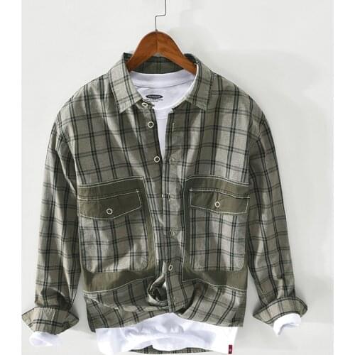 Spring Summer New Men Casual Long-Sleeved Plaid Cotton Shirt Japanese Fresh Simple Youth Fashion Pocket Decoration Lapel Tops