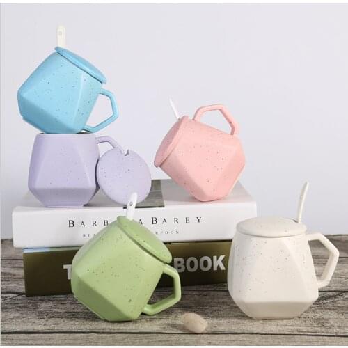 Modern diamond shape Ceramic Mug Coffee Cup Creative with Lid Spoon babysbreath design drinkware