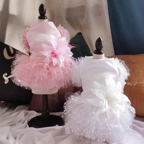 Pet Wedding Princess Dresses Lace Wave Point Handmade Flower Skirts For Small Medium Cat Dog Apparel Summer Party Tutu Costumes