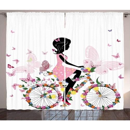 Bicycle Curtains Girl in a Pink Dress Riding a Bike with Colorful Flowers and Romantic Butterflies Living Room Bedroom Window