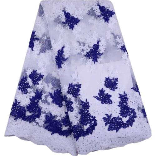 High Quality White Blue Lace Fabric With Rhinestones Embroidered African French Lace For Wedding Bride Tulle Lace Fabric S1520