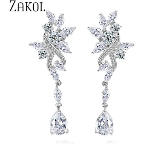 ZAKOL Sparkling Teardrop Cubic Zircon Flower Long Dangle Drop Earrings for Women Wedding Dinner Dress Jewelry FSEP577