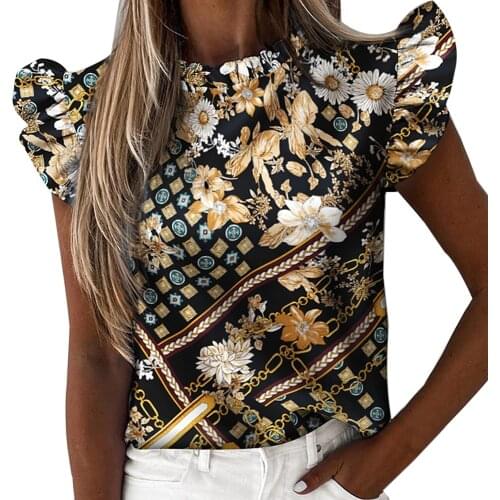 Daisy Pineapple Print Ruffle Blouse Shirts Office Lady 2020 Summer Short Sleeve Slim Blouses women Sexy Tops