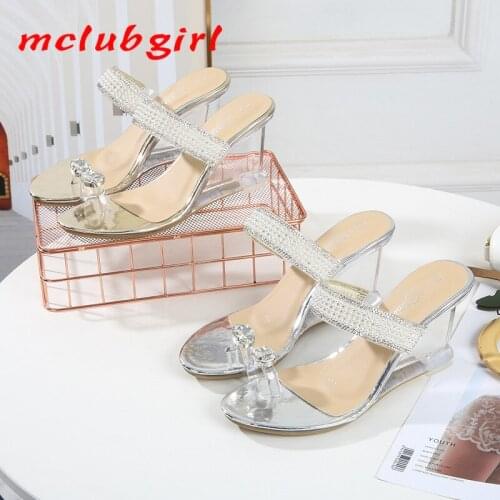 Mclubgirl 2020 Pearl Slope Heel New Sexy Crystal Transparent High Heels Glass Rhinestone Slope Heel Sandals Female LFD