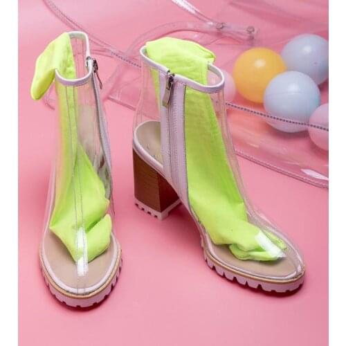 Women Sock Inside Clear PVC Boots Pointed Toe Transparent Ankle Boots Chunky High Heels Summer Short Booties