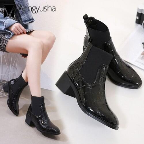 Crocodile Pattern Boots Women Japanned Leather Short Botas Stretch Square Toe Botines Mujer Thick Heel Winter Plush Ankle Boots