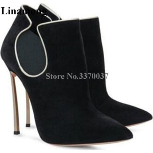 Brand Design Women Fashion Pointed Toe Suede Leather Metal Stiletto Heel Short Boots Sexy Strange Heel Ankle Booties Dress Shoes
