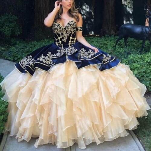 Navy Velvet Champagne Organza Quinceanera Dresses Damas Embroidery Ruffle Off The Shoulder Corset Back Sweet 16 Dress Prom Ball