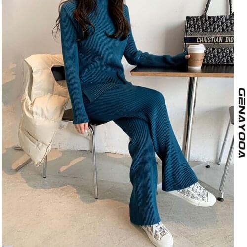 Genayooa Half High Collar Knitted Pant Suit Autumn Winter Warm Two Piece Sets Women Sweater Tracksuits Long Trousers Outfits