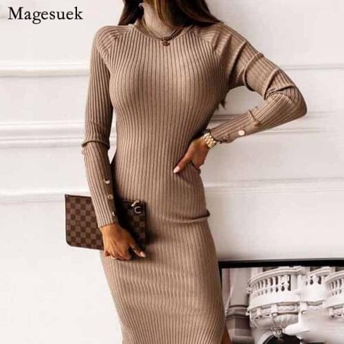 Sexy Backless New Winter Solid Long Dress Fashion Sheath Turtleneck Long Sleeve Slim Button Bodycon Knitted Sweater Dress 12595