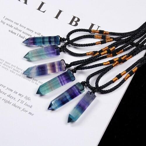 1pc Natural Crystals Stripe Rainbow Fluorite Pendants Black Rope Necklaces Single Point Hexagonal Prism Health Energy Gemstone