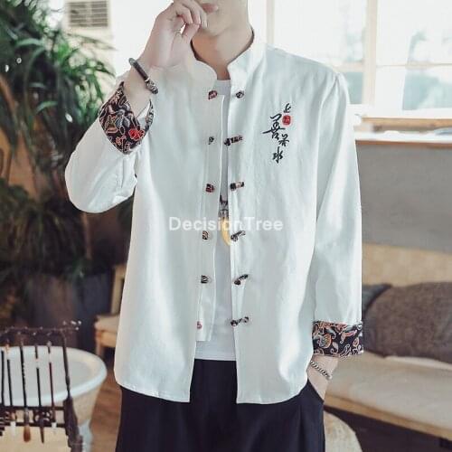2021 chinese traditional shirt gown clothing men tee top long sleeve jackets kung fu t shirt tang suit hanfu cotton linen shirt