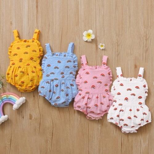 4 Colors Newborn Baby Girls Boys Bodysuits Rainbow Printed Ruffles Strapless Sleeveless Backless Jumpsuits
