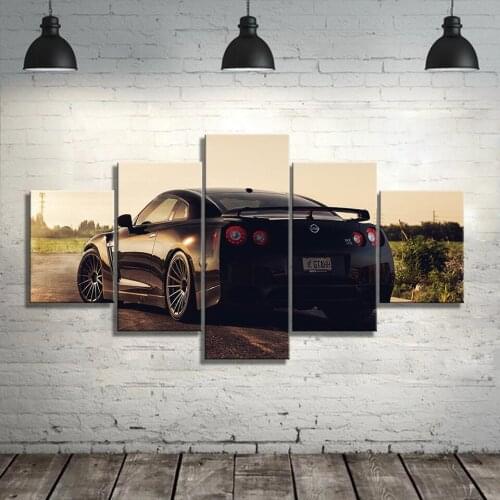 5 Panel Vehicles Tuned Nissan GTR Black Strakes View On Canvas Print Artwork Painting Modern Home Decor Wall Framed Or no Frame