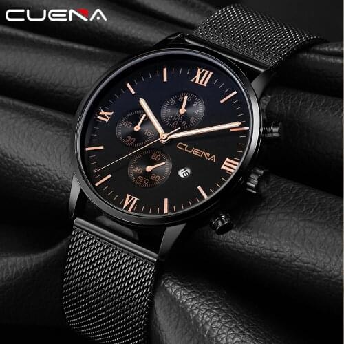 CUENA New Fashion Mens Watches Top Brand Luxury Quartz Watch Men Mesh Steel Waterproof Ultra-thin Wristwatch For Men Sport Clock
