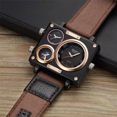 Oulm Canvas Square Men Watches Casual Sport Male Quartz Clock Unique Three Time Zone Mens Wrist Watch Relogio Masculino