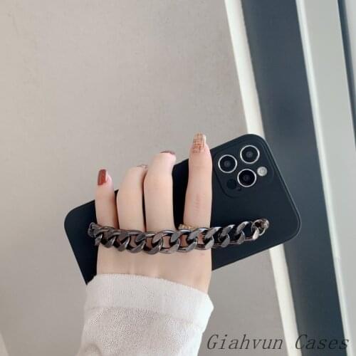 Black Metal Bracelet Soft Liquid Silicone Case For iPhone 11 12 Pro X XR XS MAX 8 8plus 6S 7 Plus Mini 11ProMax Phone Cover