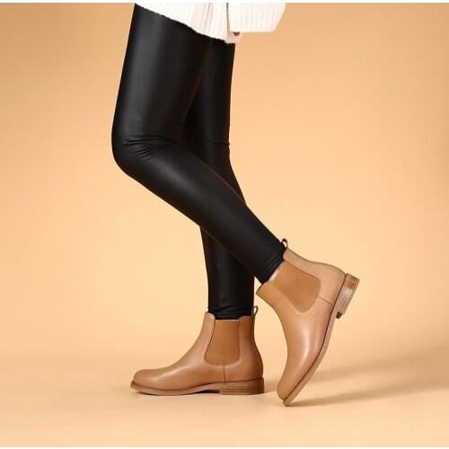 Donna-in Luxury Genuine Leather Beige Chelsea Boots Low Heel Slip-on Ankle Booties Women Concise Style Top Quality Female Shoes