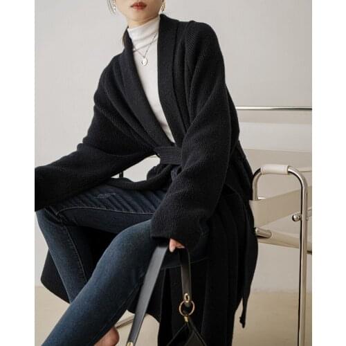 Elegant Long Knitted Cardigans Women Thick Bathrobe Belt Alpaca Wool Large Size Knit Coat Long Sleeves Mid-length Black Sweaters