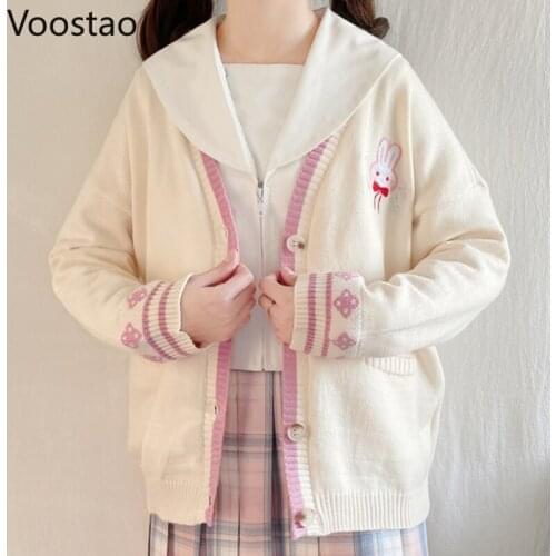 Spring Autumn Sweet Lolita Style Bunny Knitted Cardigan Girly Cute Rabbit Embroidery JK Sweater Winter Women Kawaii Chic Coats