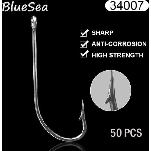 BlueSea 34007 50 Pcs/Pack Size 3/0-10/0 Stainless Steel OShaughnessy Long Shank Hooks Big Saltwater Bass Fish Hooks