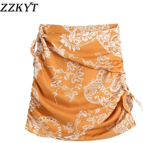 ZZKYT 2021 Women Summer Fashion Print Mini Skirt Vintage Bow Tie Folds Streetwear Ladies Short Skirts Casual Faldas Vestidos