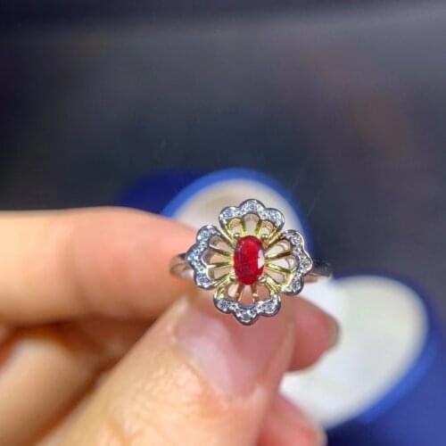 Fashion grace Bud Sun flower Natural red ruby Ring S925 Silver Natural gemstone ring girl Women wedding gift fine Jewelry