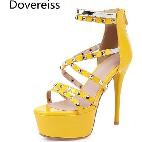 Dovereiss Fashion Summer Womens Shoes Yellow Silver Green Stilettos Hees Back zipper Waterproof Sandales Sexy Consice 33-48
